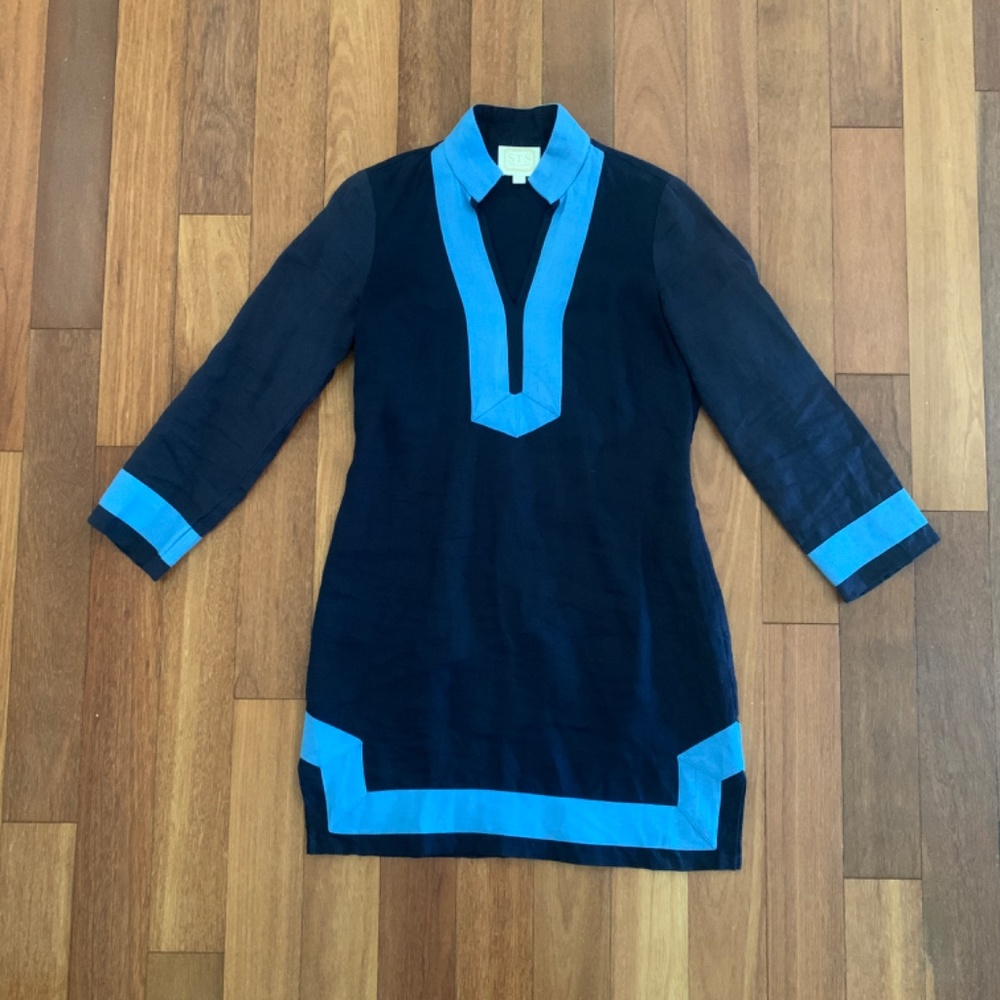 Sail to Sable STS Classic Linen Long Sleeve Tunic Dress Small Navy Blue - Picture 2 of 5